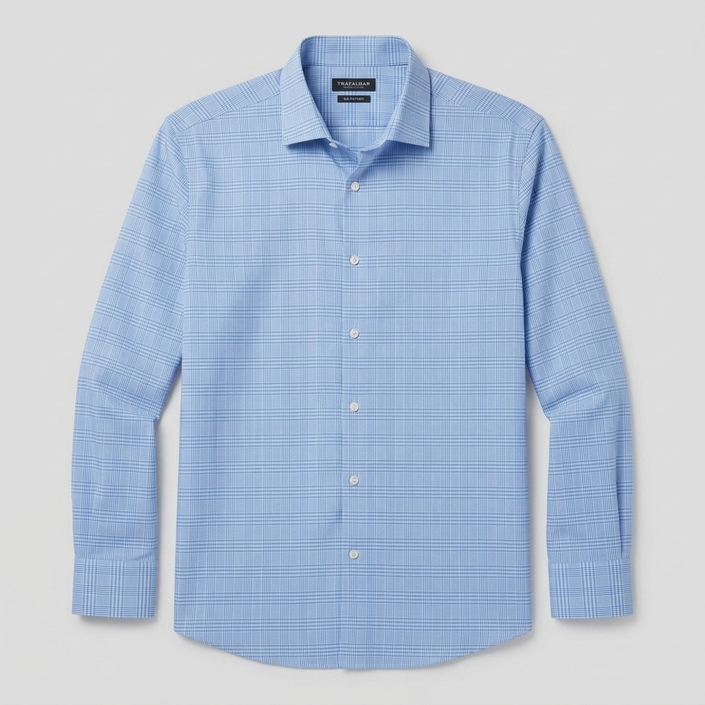 Men's TailorByrd Collection Trim Fit Blue Plaid Dress Shirt 18 1/2 34/35 Cotton